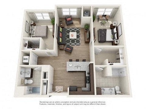 Floor plan for 2 beds, 2 baths, 1124 sqft